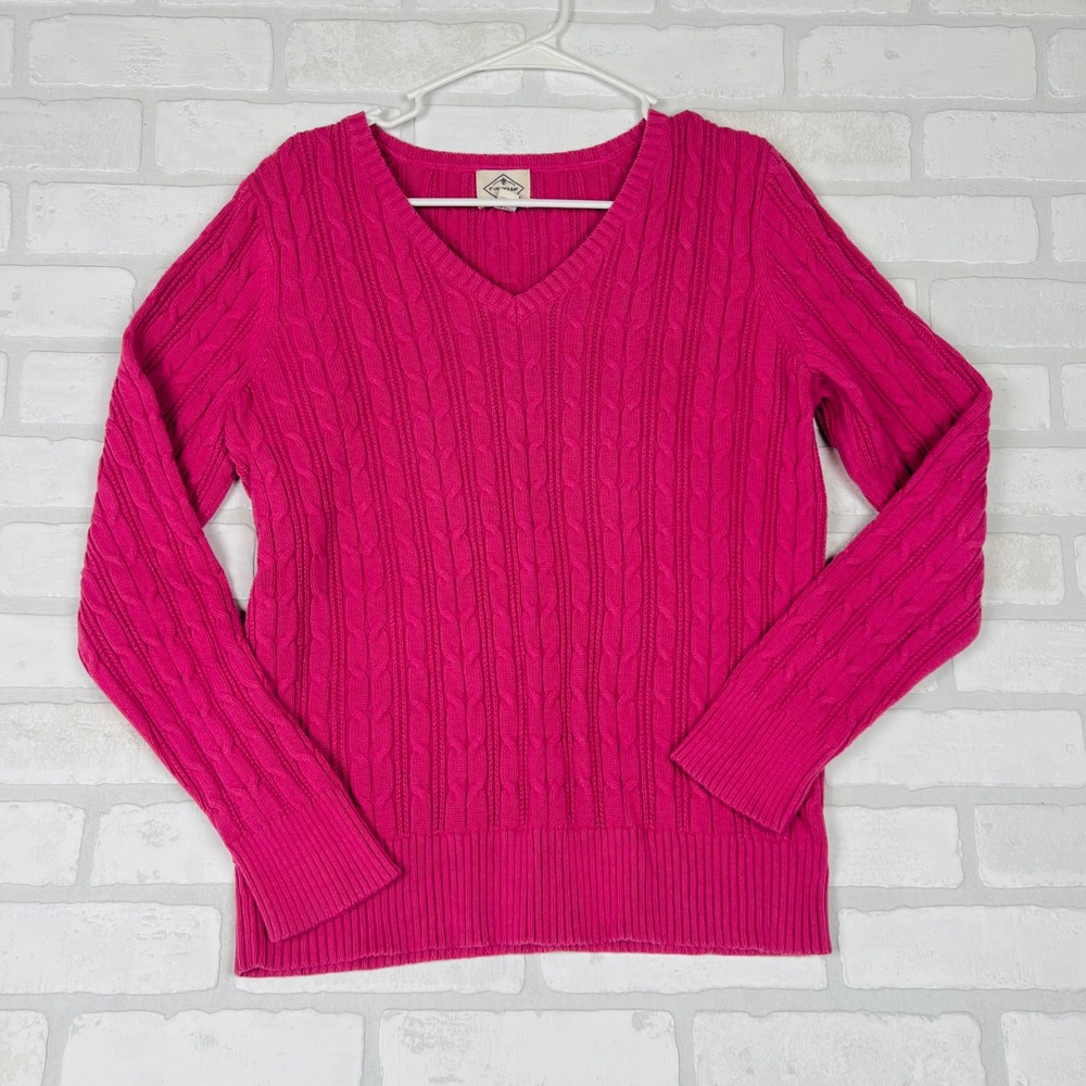 St Johns Bay Womens Pink Cable Knit V-Neck Long Sleeve Sweater Large